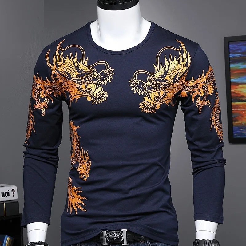 Long Sleeve T-shirt Vyrai Medvilnės Dugno Marškinėliai Dragon Spausdinti O-Neck Slim Mados Kinų Stiliaus vyriški Marškinėlius