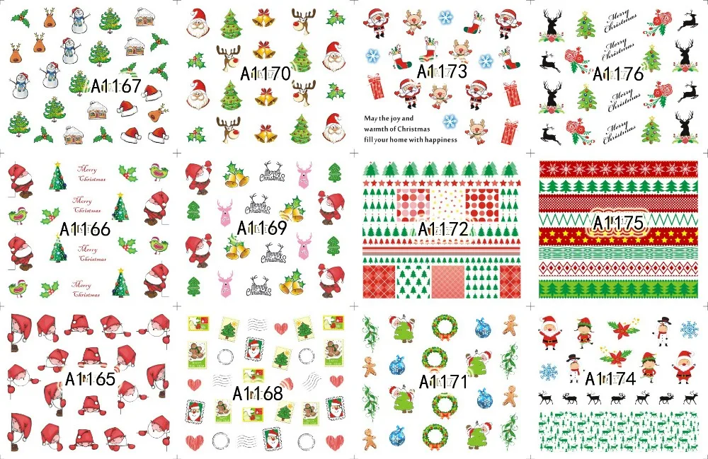 60 lapų sumaišyti dizaino Kalėdų vandens perdavimo nagų dailės dekoracijos, lipdukai lipdukai žiemos stiliaus nagai prekių įrankis 1129-1188