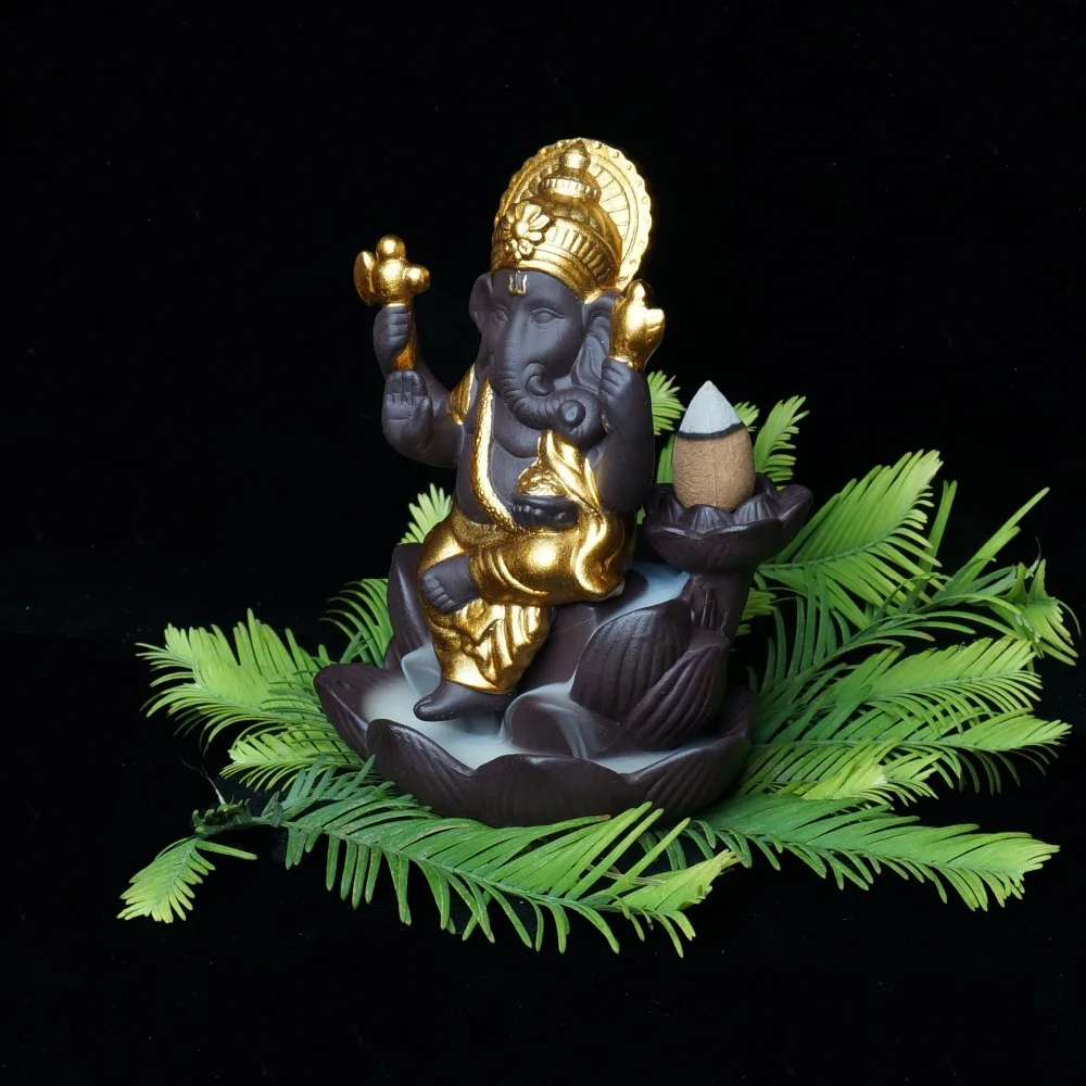 Ganeša statula backflowing smilkalų degiklis dramblys dievas smilkalų bazės bokštas namų dekoro ornamentą figūrėlės lotus