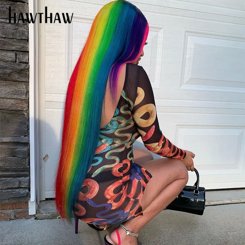 Hawthaw Moteris Seksuali Rudens Ilgomis Rankovėmis Matyti Per Snake Print Šalies Klubas Bodycon Paketo Klubo Mini Trumpą Suknelę 2020 M. Rudenį Drabužiai