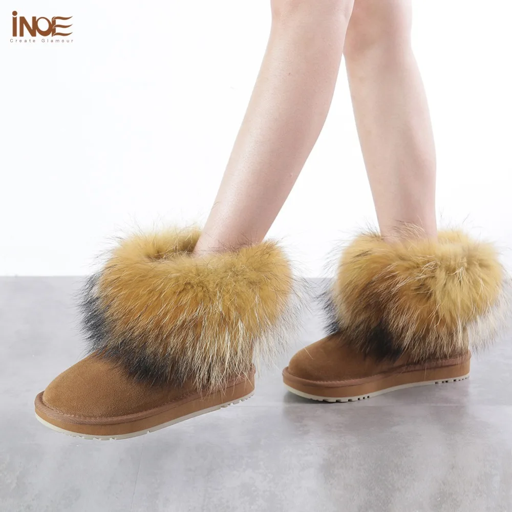 INOE mados mergaičių karvės verstos odos fox fur moterų kulkšnies žieminiai batai moters trumpas sniego batai išlaikyti šiltas, avalynė klirensas pardavimo