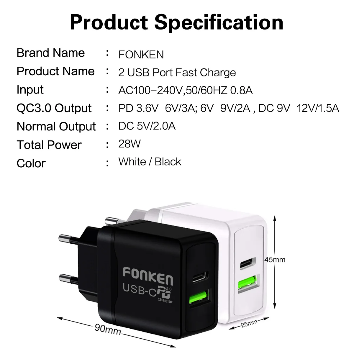 FONKEN 2 Port USB kabelį, Tipas C Įkrovimo Adapteris, PD3.0 28W Greito Įkrovimo Kroviklis USB C Telefono Įkroviklį, Tablet Galios Įkrovimo ES Plug