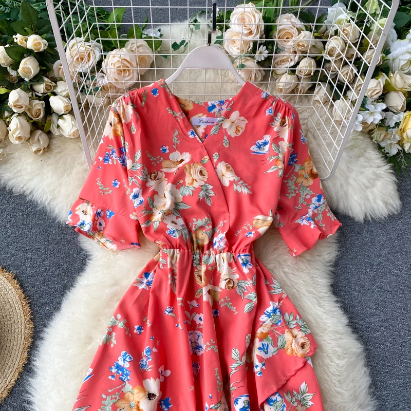 Boho 2021 slim v kaklo ruffles gėlių spausdinti Midi ilgio Suknelė Vasarą Šalies Moterų Atsitiktinis, nereguliarus suknelė elegantiškas Paplūdimio atostogų suknelė