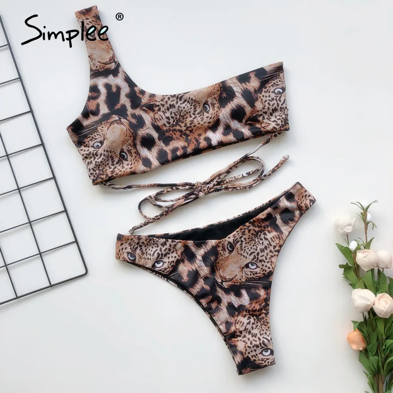 Simplee Leopardas spausdinti bikini besimaudančių Vieną petį seksualus moterų maudymosi kostiumėlį, atskiras Aukštas supjaustyti bandeau maudymosi kostiumėliai moterims, maudymosi kostiumą