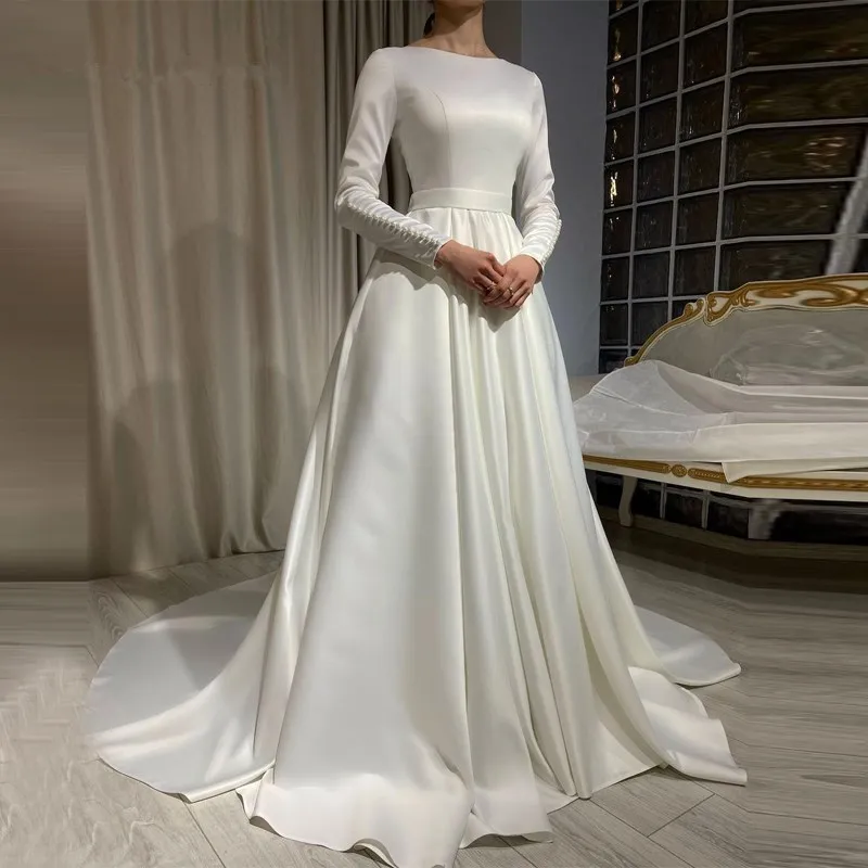 Balta Ilgomis Rankovėmis, Satino Užsakymą Moteris Elegantiškas Vestuvių Suknelės 2021 Musulmonų Vestuvinės Suknelės Vestidos De Novia Gelinlik 2021
