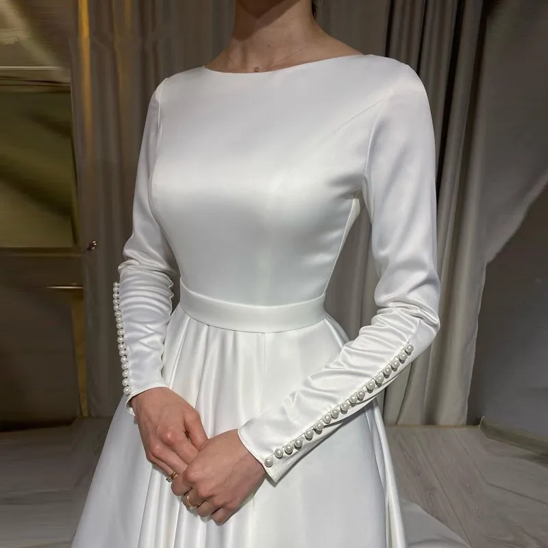 Balta Ilgomis Rankovėmis, Satino Užsakymą Moteris Elegantiškas Vestuvių Suknelės 2021 Musulmonų Vestuvinės Suknelės Vestidos De Novia Gelinlik 2021