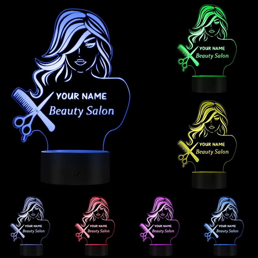 Grožio Salonas Mados Lady LED Iliuzija Naktį Šviesos Kirpykla, Kirpykla Žirkliniai Šukos Stalo Lempa Custom Jūsų Vardas Modernios Šviesos