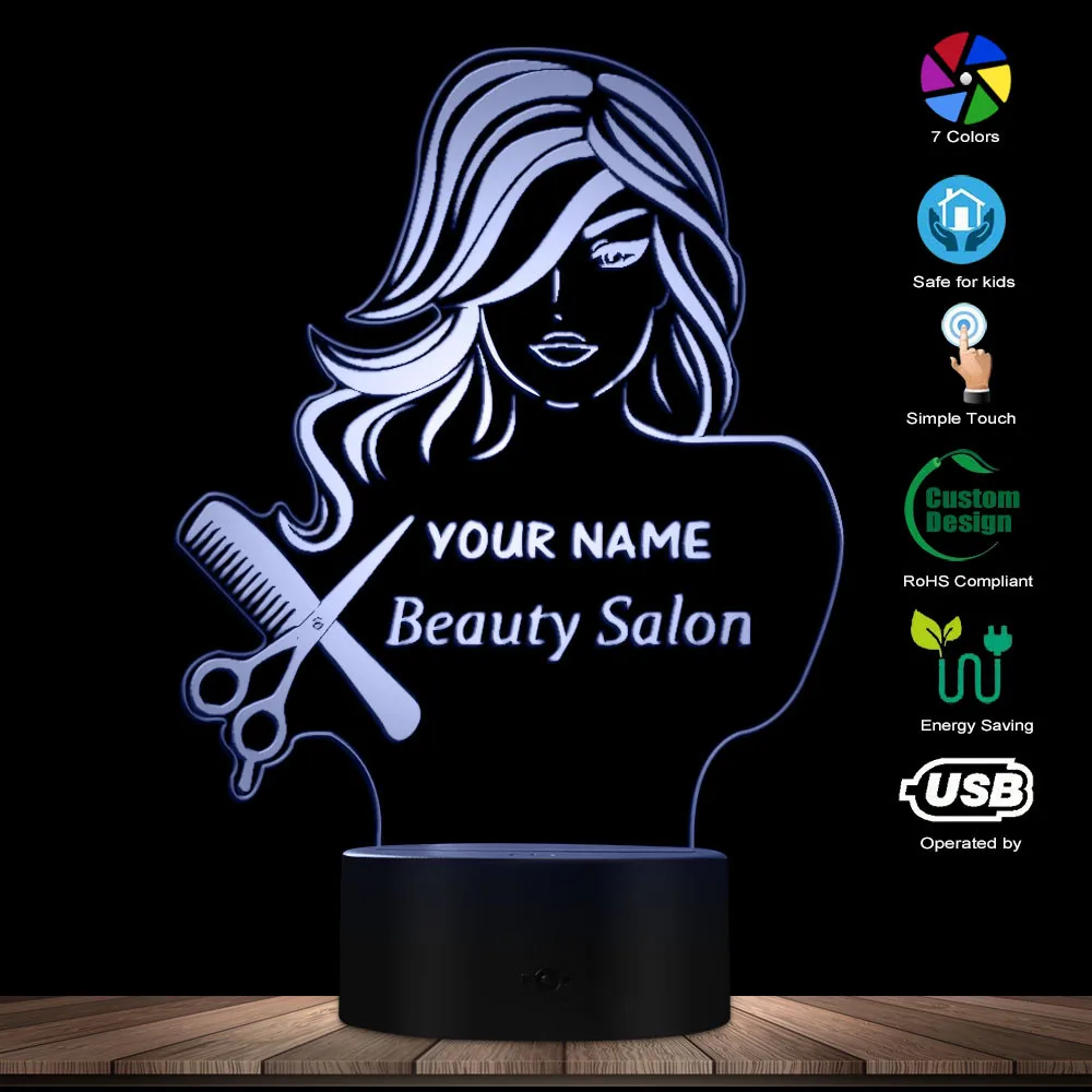 Grožio Salonas Mados Lady LED Iliuzija Naktį Šviesos Kirpykla, Kirpykla Žirkliniai Šukos Stalo Lempa Custom Jūsų Vardas Modernios Šviesos
