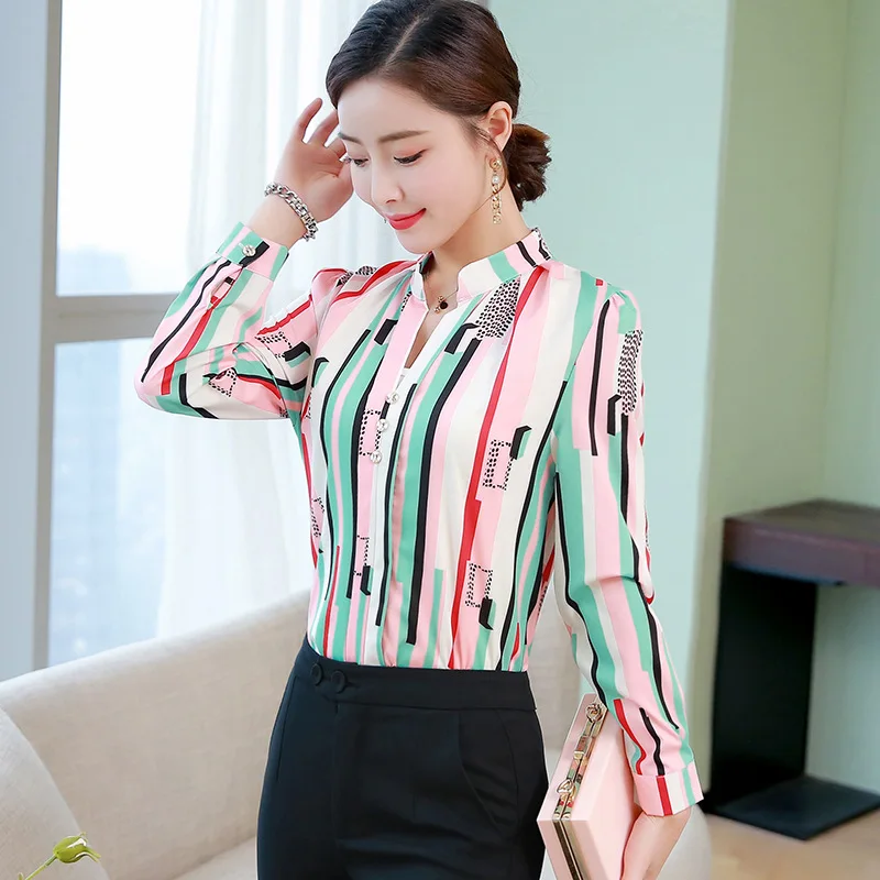 Pavasario 2020 Ilgomis Rankovėmis Dryžuotas Šifono Palaidinė Korėjos Atsitiktinis Moterų Streetwear Marškiniai, Elegantiškas Biuras Marškinėliai Plius Dydis Ponios Viršūnės