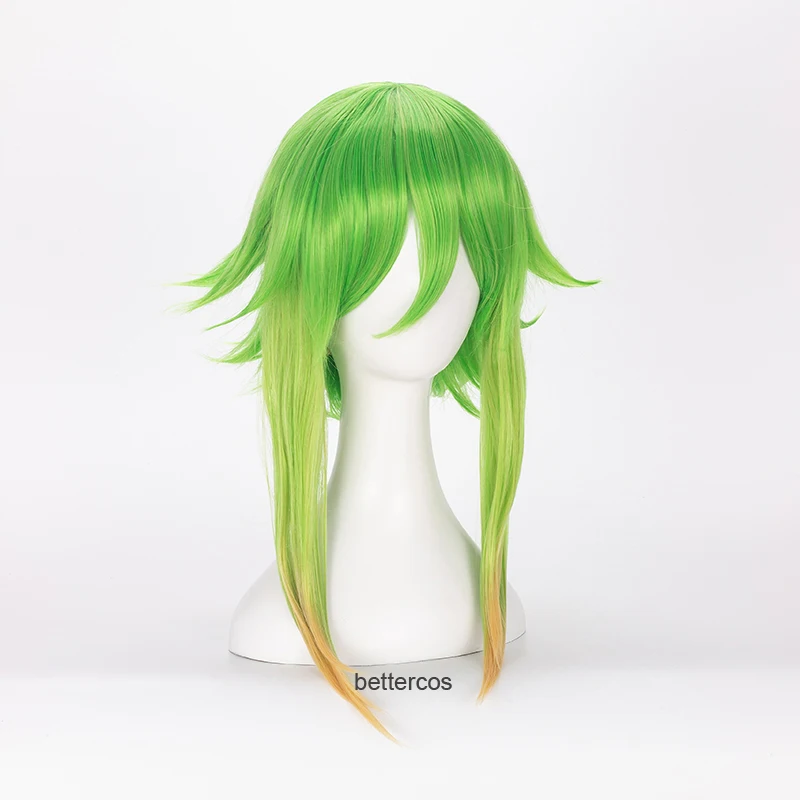 Vocaloid Megpoid Gumi Cosplay Perukas 45cm Žalia Aukso Ombre Trumpas Sluoksniuotos Purus Karščiui Atsparių Sintetinių Plaukų Perukas + Perukas Bžūp