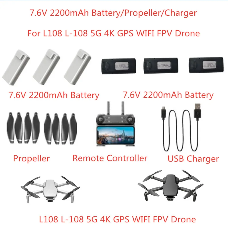 7.6 V, 2200mAh Baterijos/Propeleris/Disko/USB Įkroviklį ir kitus Priedus, atsargines dalis L108 L-108 Drone baterija ašmenys L108 5G 4K