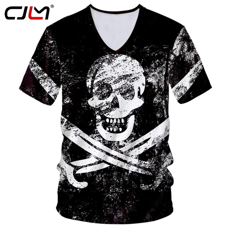 CJLM Unisex Hip-Hop Kaukoles V Kaklo Marškinėlius Žmogus Didelis Dydis Marškinėliai, 3D Full Spausdinti Juodai Baltas Kryžius Kardas Vyrų Street T-shirt