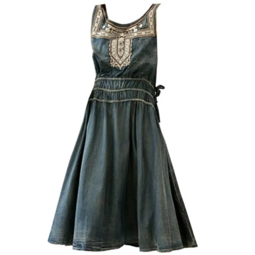2020 metų vasaros derliaus rankovių džinsinio audinio suknelė moterims prarasti siuvinėjimo sutraukiamas dirželiu džinsai suknelė-line