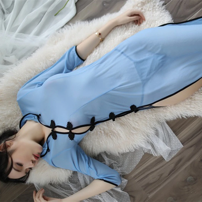 Sexy Moteris Sleepwear Pižamą Babydoll Stiliaus Kinijos Cheongsam Suknelė Skaidrus Underear Erotika Karšto Lingerie Qipao Lyties Drabužius
