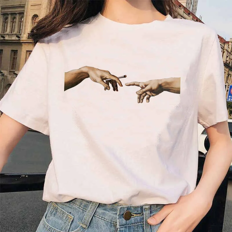 Mikelandželas marškinėliai rankas moterų estetinės Grafinis marškinėlius moterų aestheticgrunge derliaus ulzzang 90s femme harajuku t-shirt
