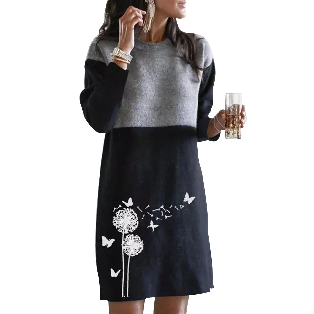 Žiemos Šiltas Mini Suknelė Moterims Kiaulpienių Spausdinti Kratinys Negabaritinių Atsitiktinis Palaidų ilgomis Rankovėmis Suknelė Nežiūriu 2021 NAUJAS