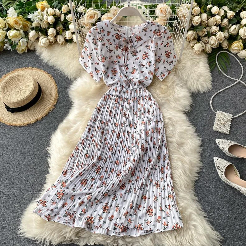 2020 metų vasaros moterų saldus Plisuotos suknelė vintage elastinga juosmens trumpas rankovės gėlių spausdinti suknelė elegantiškas lėlės apykaklės 