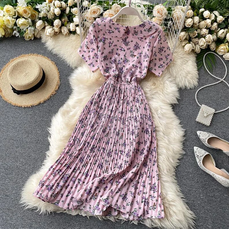 2020 metų vasaros moterų saldus Plisuotos suknelė vintage elastinga juosmens trumpas rankovės gėlių spausdinti suknelė elegantiškas lėlės apykaklės 
