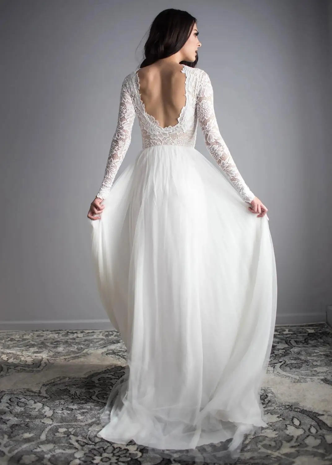 Eslieb nuotakos suknelė vestido de novia vestuvių suknelė ilgomis rankovėmis, aukštu kaklu V atgal organza šifono populiarus chalatas de mariee HA243