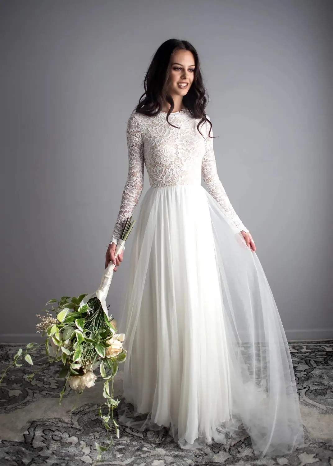 Eslieb nuotakos suknelė vestido de novia vestuvių suknelė ilgomis rankovėmis, aukštu kaklu V atgal organza šifono populiarus chalatas de mariee HA243