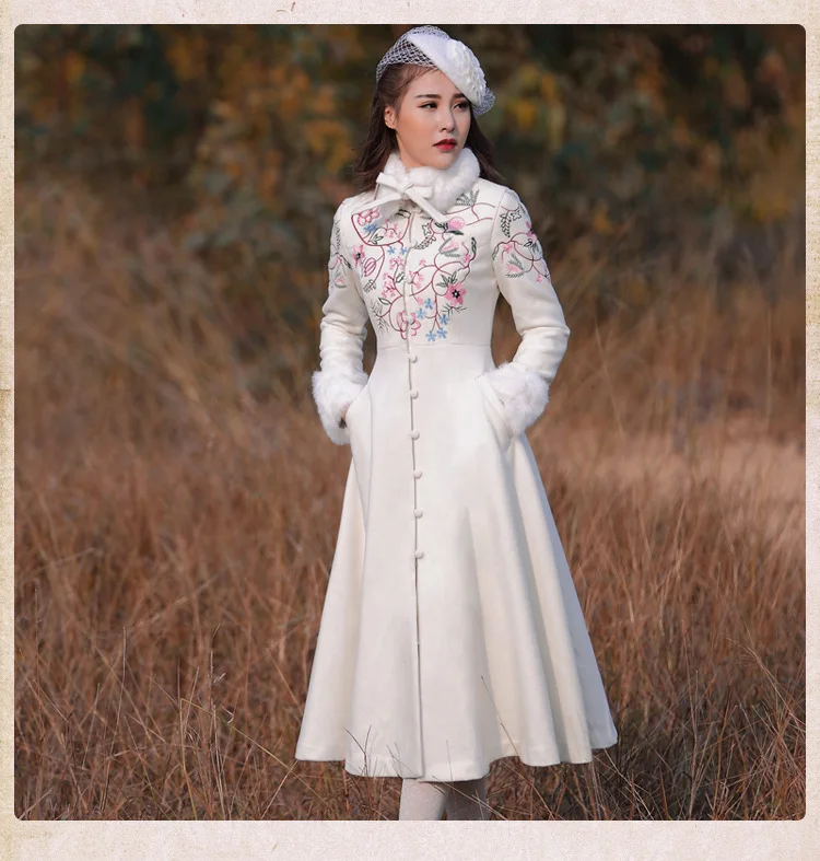2019 Moterų Žiemos Paltai Vintage Retro Siuvinėjimo Vieną Krūtinėmis Kailio Apykakle Vilnonių Viršutiniai drabužiai Kailis realios foto
