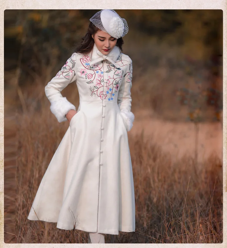 2019 Moterų Žiemos Paltai Vintage Retro Siuvinėjimo Vieną Krūtinėmis Kailio Apykakle Vilnonių Viršutiniai drabužiai Kailis realios foto