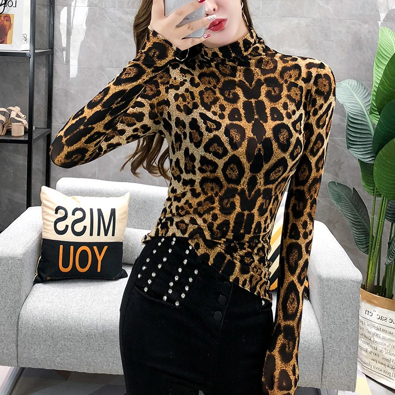 Naujas Plius Dydis Mados Viršūnes Moterys ilgomis Rankovėmis Leopard Marškinėliai Golfo Marškinėliai Lady OLIS Šalių Viršūnių Streetwear Blusas Elegante Chic
