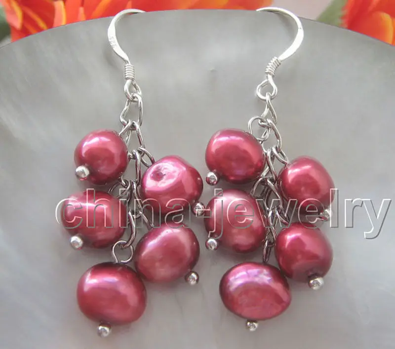 Gražus, 8-9mm violetinė raudona baroko gėlavandenių perlų auskarai - sidabras kablys ^^@^Kilnus stilius Gamtos Bauda jewe geras