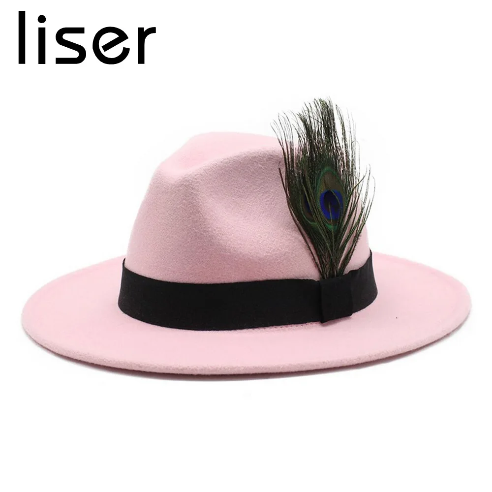 LISER Unisex Fedoras Viršų Skrybėlės Moterims ir Vyrams Vilnonių Modeliavimas Plunksnų Apdailos Lauko Kelis Spalva Mados