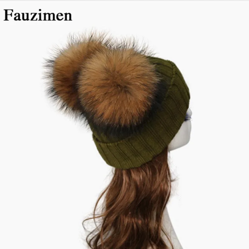 Naujas Žiemos dvigubai Meškėnas Kailių Kamuolys Pompon megzti beanies bžūp žiemos skrybėlės moterims Kailio Kepurę