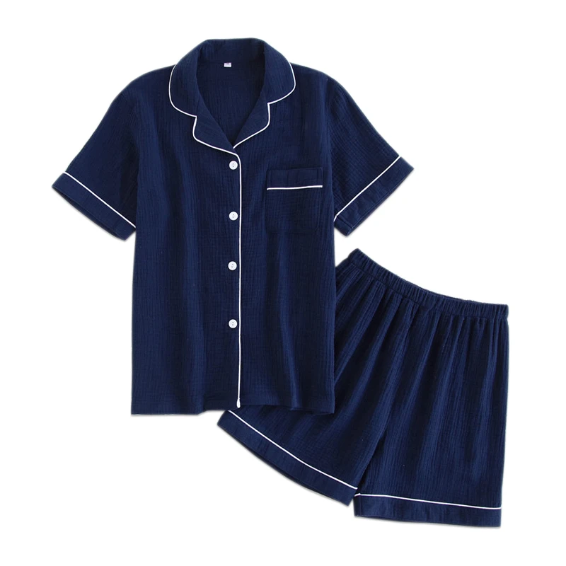 Tamsiai mėlyna medvilnės krepo šortai pižama rinkiniai moterims vasaros Japonijos paprasta pijamas mujer pižamos moterims atsitiktinis sleepwear