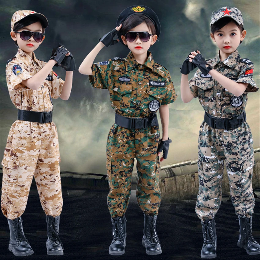 Policijos Uniformą Vaikai Cosplay Kostiumų JAV Kariuomenės Kamufliažas Acket+kelnės Helovinas Šalis Taktinis Nuslėpti Drabužiai, Karinės Uniformos