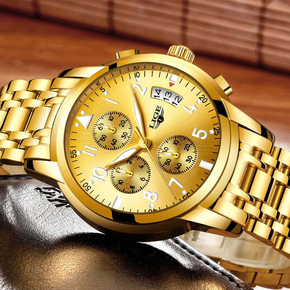 LIGE 2020 Vyrų Sports Mens Watch Laikrodžiai Top Brand Luxury Gold Dial Chronograph Laikrodis Vyras Kvarcinis laikrodis Relogio Masculino+box
