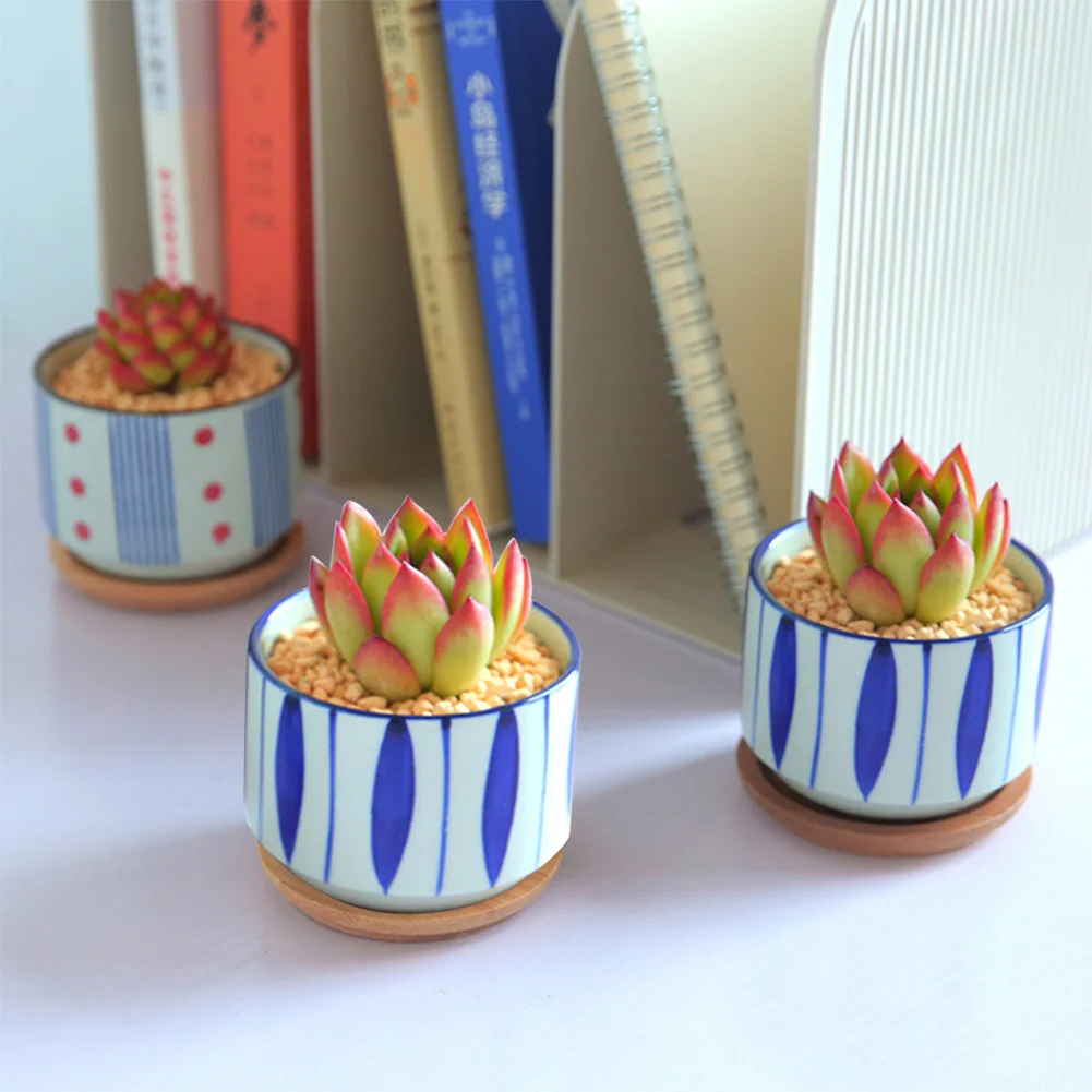 3Pcs/Set Su Bambuko dėklas Japonų stiliaus Keramikos Vazonas Daug Mini Cemento Sultingi Puodą Augalų Bonsai Namų Sodinamoji Sodo Dekoro