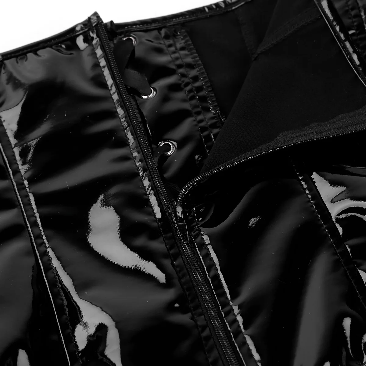 Moteriški Femme Wetlook Stebėjimo Seksualus Clubwear Kostiumas Dirbtiniais Odos Zip Priekyje Steampunk Gotikos Wasit Treneris Korsetas Egzotinių Bakas