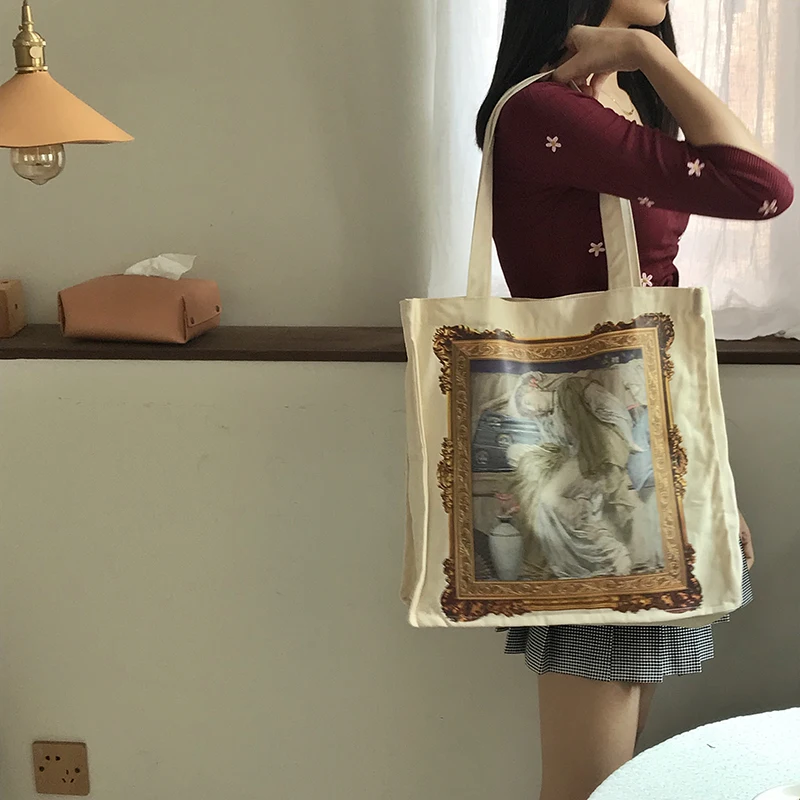 Naftos tapybos drobės pečių maišą moterų rankinės derliaus Literatūros didesnės talpos Pečių Krepšiai, Atsitiktinis Pirkinių Nešti Merginos Rankinės