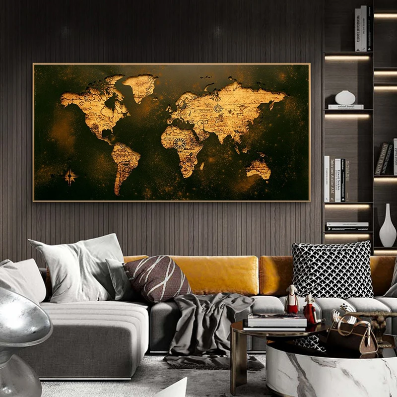 Abstrakti Golden Pasaulio Žemėlapyje, Plakatai, spauda ant Drobės, Didelių Retro Žemėlapis Kabinti Nuotraukas Kambarį Dekoro be Rėmelio