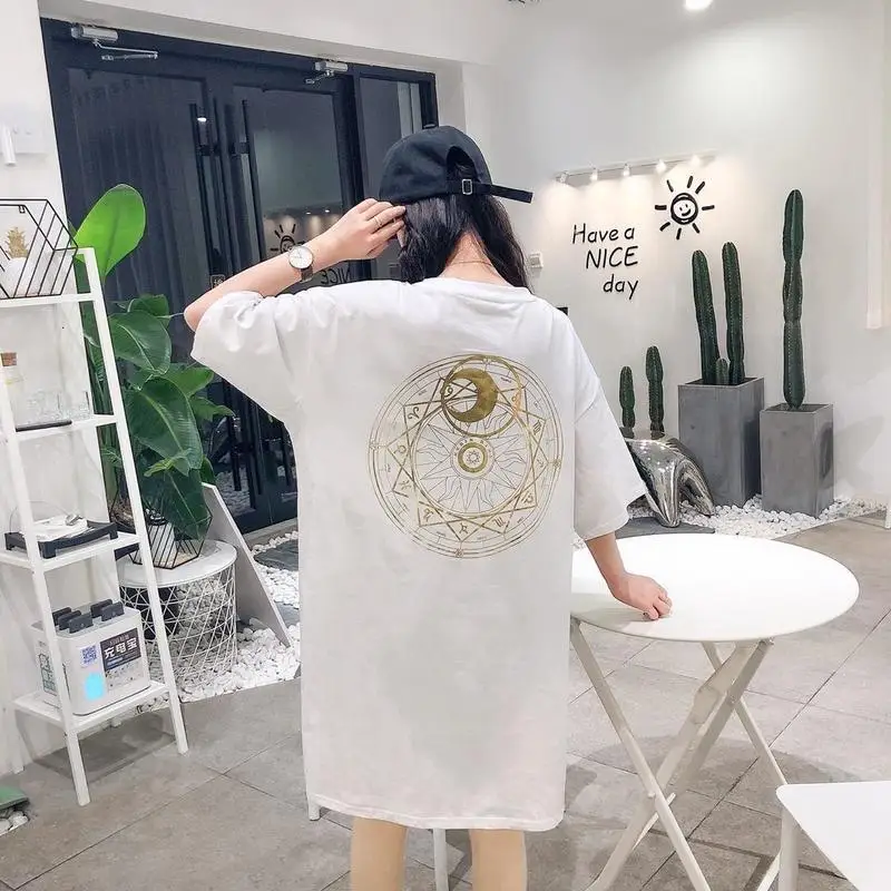 Vasaros Harajuku T-shirt Moterims, trumparankoviai Žvaigždynas Modelis Ilgai Pykti Laisvi O-kaklo Laisvalaikio T-shirt Juoda Balta