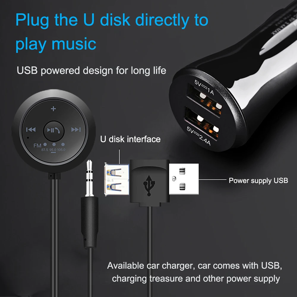 Bevielis Automobilinis Mp3 Grotuvas Bluetooth 5.0 FM Siųstuvas 3.5 mm AUX Audio Adapteris Imtuvas su U disko Muzikos Žaisti USB Power