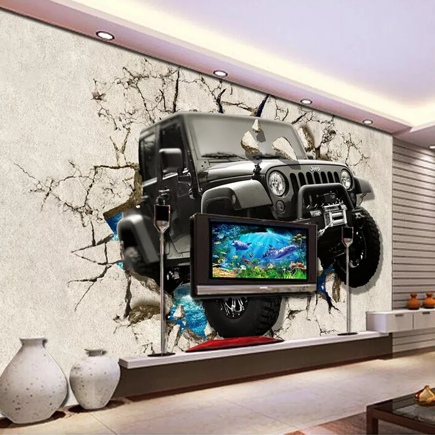 Custom Foto Tapetai, 3D Stereoskopinis Jeep Automobilių Skaldyti Sienos Freskos Kambarį Vaikų Berniukų Miegamasis Dekoratyvinės Sienų Freskos Popieriaus