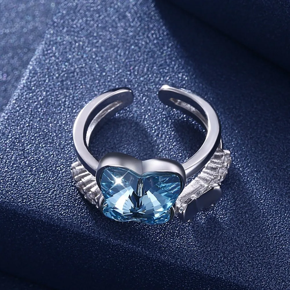 LEKANI 925 Sterlingas Sidabro Drugelis Atidarymo Žiedai Moterims, Mėlyna Kristalų Cirkonis Žiedas Fine Jewelry Vestuvinį Žiedą Geriausia