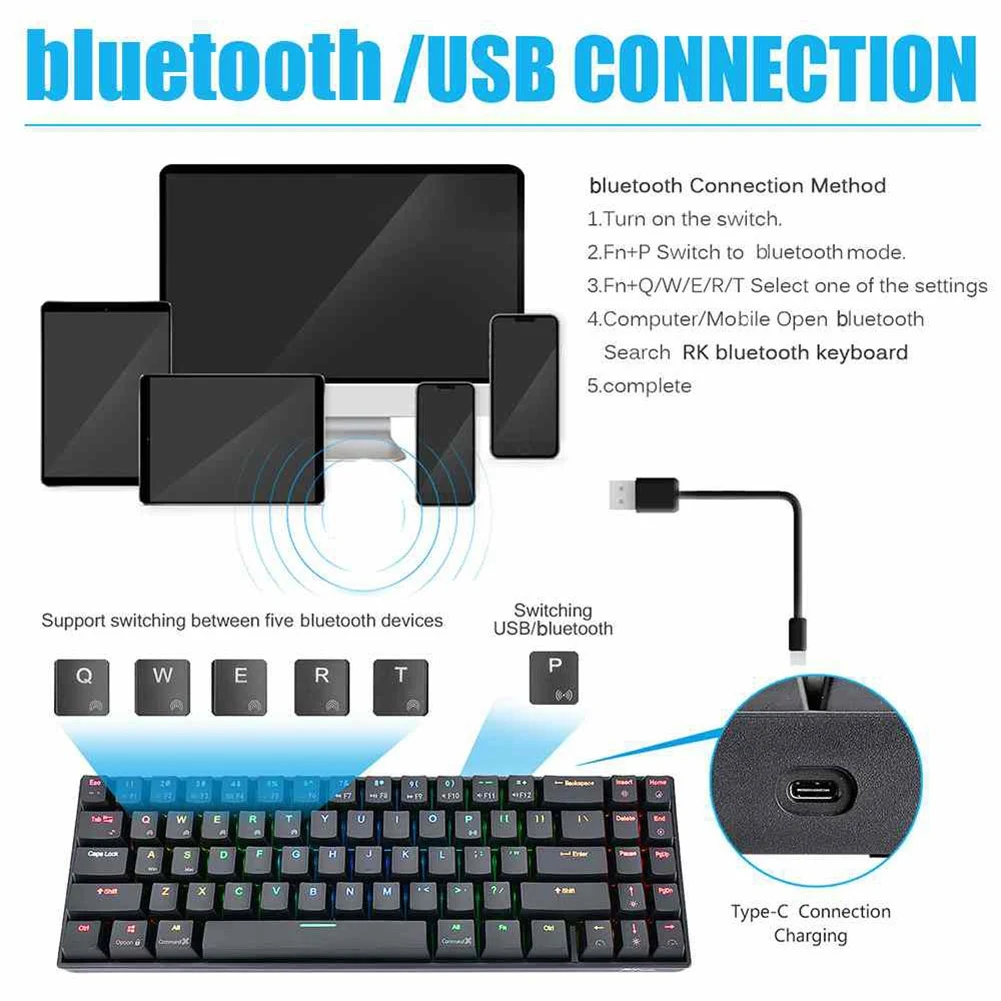 RK71 Mechaninė Žaidimų Klaviatūra 71Keys Mažas bluetooth 3.0 Bevielio ryšio USB Dual Mode RGB Apšvietimu Mėlyna Ruda Raudona Jungiklis