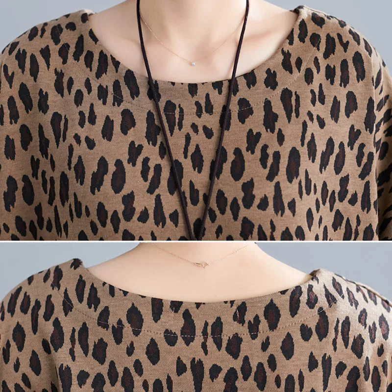 2020 M. Pavasario Mados Ilgomis Rankovėmis Moterims T-Shirt Plius Dydis Derliaus Leopard Print T Shirt Negabaritinių Medvilnės Seniai Padalinta Laisvi Marškinėliai