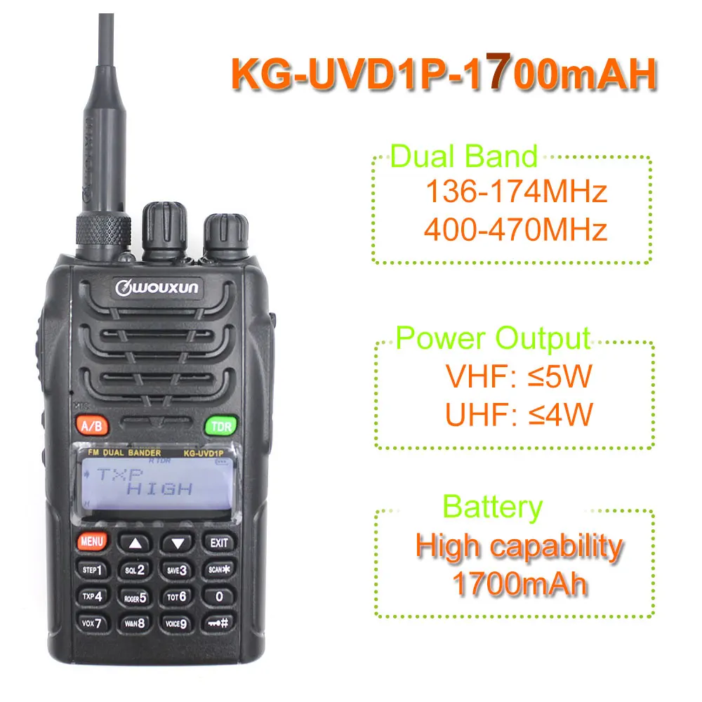 Originalus WOUXUN KG-UVD1P Dual Band Du Būdu Radijo 1700mAh Baterija, FM siųstuvas-imtuvas UVD1P Walkie Talkie UHF VHF KUMPIS Radijo