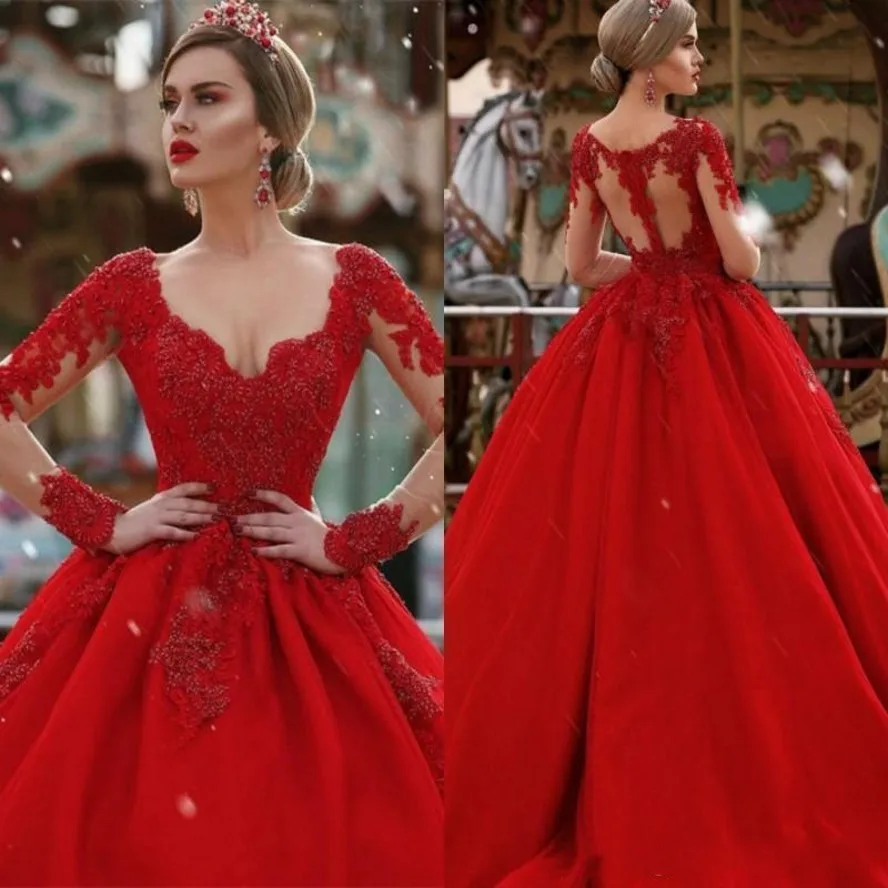 Raudonos Nėrinių Appliqued Zawalcowany Kamuolys Suknelė Vestuvių Suknelės ilgomis Rankovėmis Pasinėrus V-kaklo arabų Dubajus Oficialią Šalies Dėvėti Chalatai Įžymybė