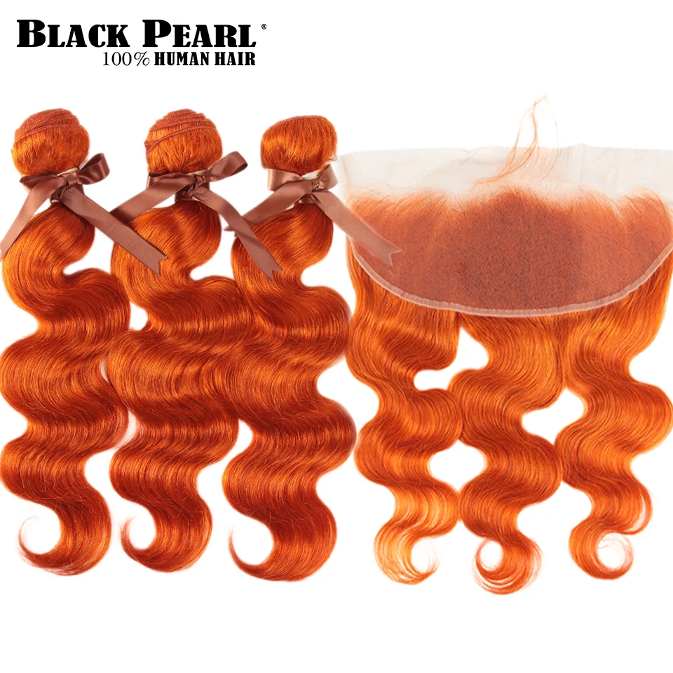 Black Pearl Oranžinės spalvos Susiejamos Su Priekinės Malaizijos Plaukų, Kūno Bangų Paketų Remy Žmogaus Plaukų priauginimas 4pcs vieną pakuotę