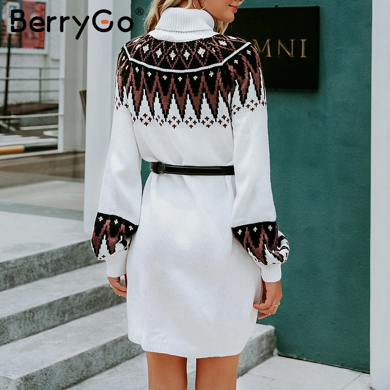 BerryGo Geometrinis spausdinti megzti moteriška suknelė Atsitiktinis moterų golfo apykaklėmis pullover sweater dress Rudens žiemos retro balta vestidos