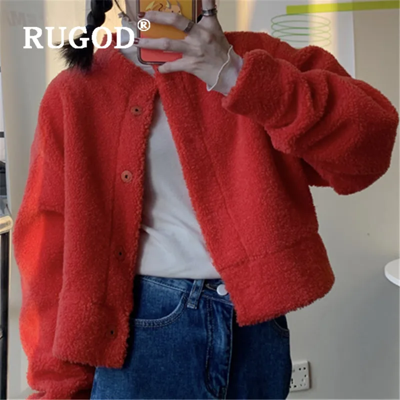 RUGOD Vilnos Pasėlių Kailis Moterų Šiltu Vilnos Raudona Striukė Moterų Žiemos Paltai 2019 Streetwear korėjos Stiliaus Moterų Mados