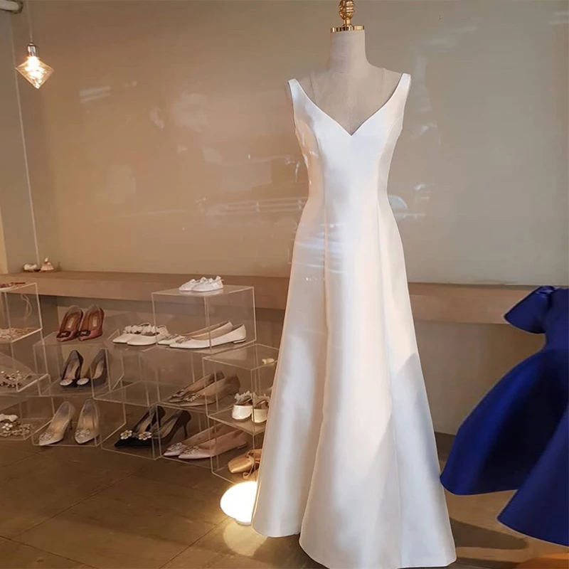 Baltos spalvos Dramblio kaulo Korėjoje Vestuvių Suknelė su V-kaklo-line Nuotakos Suknelė Satino Suroje Grindų Ilgis Elegantiškas Vestido De Noiva Vasaros Vestuvių