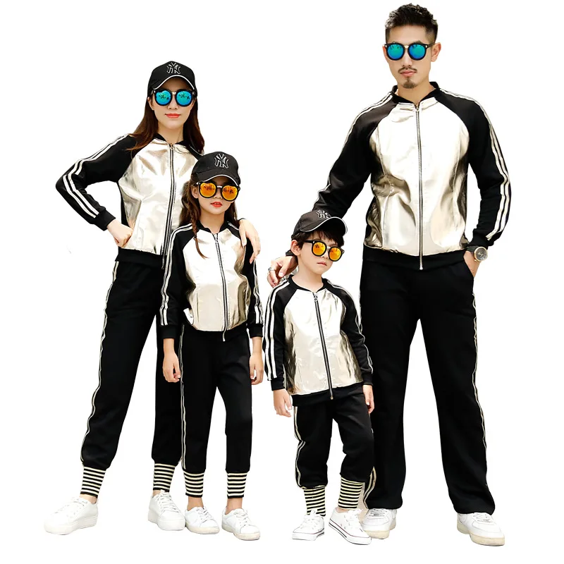 Šeimos atitikimo komplektus PU striukė + kelnės sportišką stilių sidabro aukso PU porų atitikimo drabužius šeimos atrodyti kalėdų šeimos